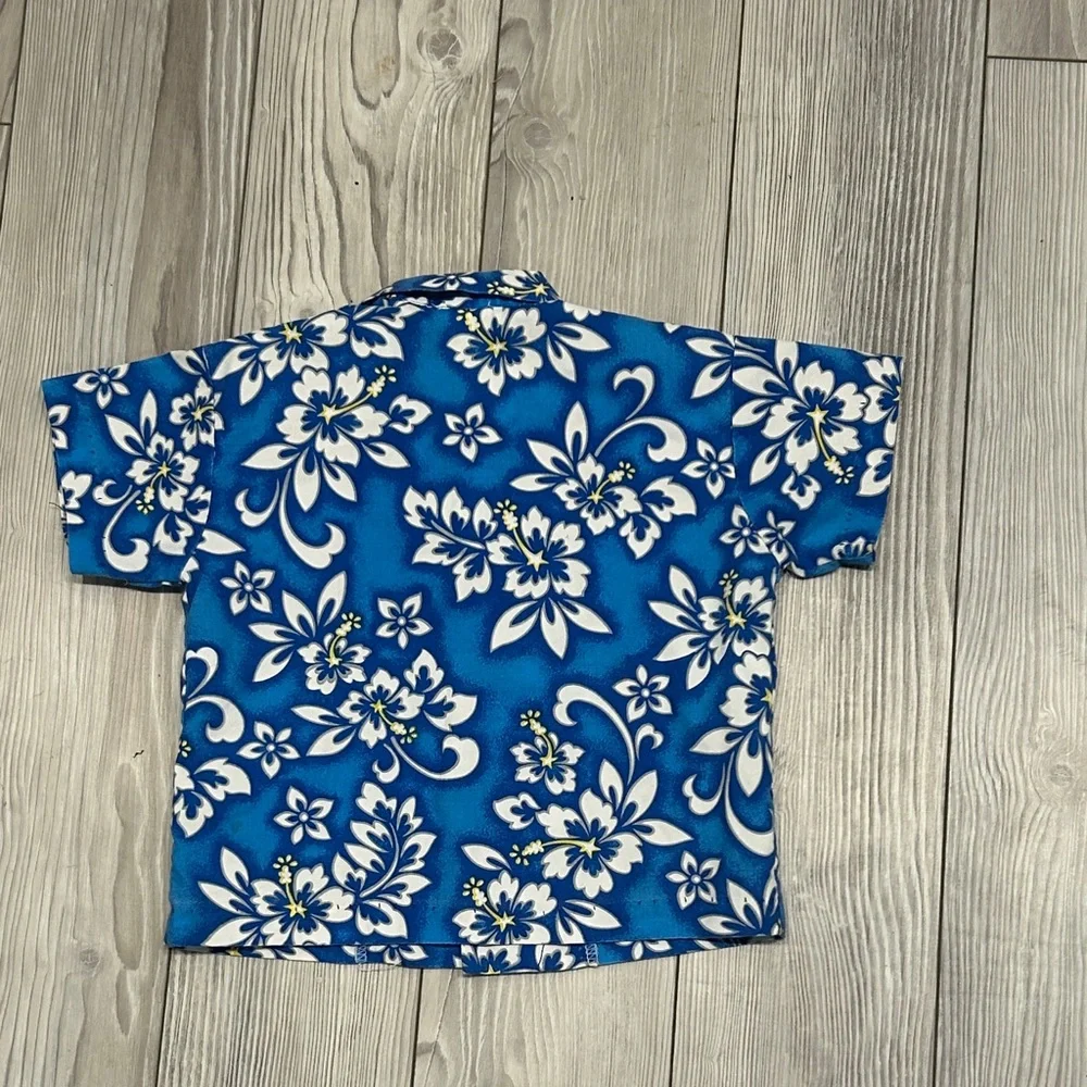 Vintage Boys 18 Months Blue Floral Hawaiian Shirt Paper Tag Made In USA Preowned